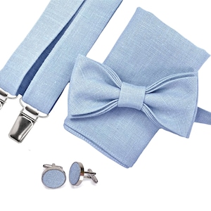 Light blue Linen bow tie, Linen bow tie, Linen pocket square, Light blue suspenders, Light blue braces, Groomsmen bow tie, Bow tie for men