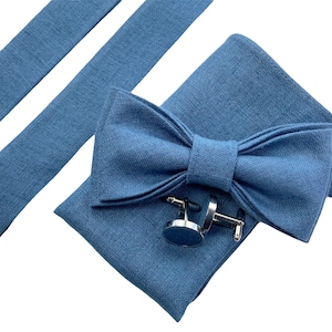 Denim blue Linen bow tie, Linen bow tie, Linen pocket square, Sage green suspenders, Groomsmen bow tie, Bow tie for men, denim blue bow tie