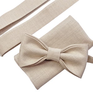 Custom Beige bow tie, Linen bow tie, Linen pocket square, Beige suspenders, beige braces, Groomsmen bow tie, Bow tie for men, beige bow tie