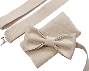 Custom Beige bow tie, Linen bow tie, Linen pocket square, Beige suspenders, beige braces, Groomsmen bow tie, Bow tie for men, beige bow tie