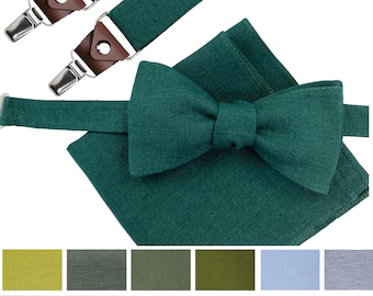 Self-Tie Linen Bow Tie and matching sets: Pocket square, Y suspenders, cufflinks. Wedding man and groom accessories, braces with leather