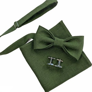 Dark moss green Linen bow tie linen pocket square linen suspenders linen braces wedding linen accessories groomsmen bow tie image 3
