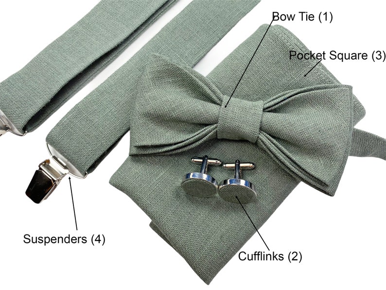 Noeud papillon de mariage vert sauge, boutons de manchette, pochette de costume et bretelles image 5