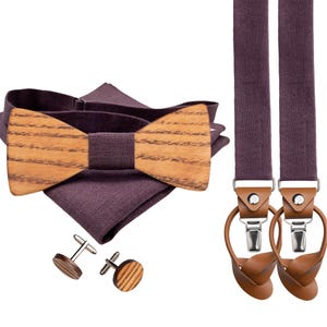 Eggplant wooden bow tie SET: wooden bow tie, wooden cufflinks, pockets square, universal suspenders, wedding bow tie set for groomsmen groom