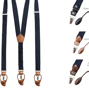Navy Blue Universal Suspenders Clips-On and Button Hole, Braces leather ends, Adjustable Y- Back Suspenders, Suspenders leather ends