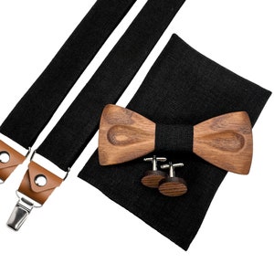 Black wooden bow tie, cufflinks, black pocket square, suspenders, Black Bow tie, Black suspenders, wedding accessories, Black braces