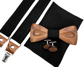 Pajarita de madera negra, gemelos, pañuelo de bolsillo negro, tirantes, pajarita negra, tirantes negros, accesorios de boda, tirantes negros