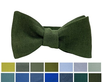 Dark Moss Green Self-Tie Linen Bow Tie, Linen pocket square, Linen suspenders, Linen braces, Groomsmen bow tie, Bow tie for men, Bowtie