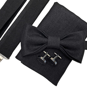 Black Linen bow tie - Linen bow tie-linen pocket square- linen suspenders- linen braces- wedding linen accessories- groomsmen bow tie