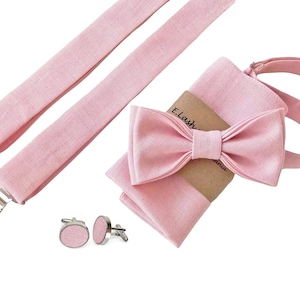 Pink Linen bow tie, Linen bow tie, Linen pocket square, Light pink suspenders, Light pink braces, Bowtie for men, pink bow tie