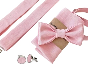 Pink Linen bow tie, Linen bow tie, Linen pocket square, Light pink suspenders, Light pink braces, Bowtie for men, pink bow tie