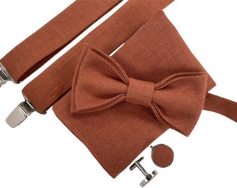 Burnt orange linen bow tie - Burnt orange bowtie - Burnt orange pocket square - Burnt orange suspenders- Burnt orange braces - Burnt orange