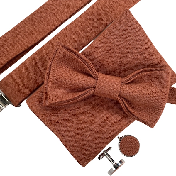 Burnt orange linen bow tie - Burnt orange bowtie - Burnt orange pocket square - Burnt orange suspenders- Burnt orange braces - Burnt orange