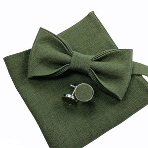 Dark moss green Linen bow tie linen pocket square linen suspenders linen braces wedding linen accessories groomsmen bow tie image 2