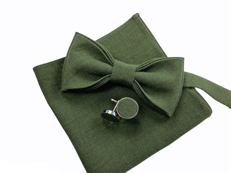 Dark moss green Linen bow tie linen pocket square linen suspenders linen braces wedding linen accessories groomsmen bow tie image 2