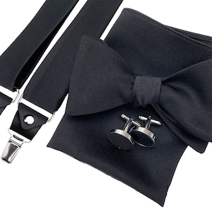 Black Self tie Bow Tie, Formal Tuxedo Self Tie Bow Tie, Black Wedding bow tie, Groomsman formal bow tie, Black suspenders leather ends