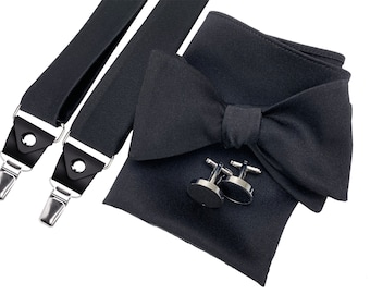 Black Self tie Bow Tie, Formal Tuxedo Self Tie Bow Tie, Black Wedding bow tie, Groomsman formal bow tie, Black suspenders leather ends