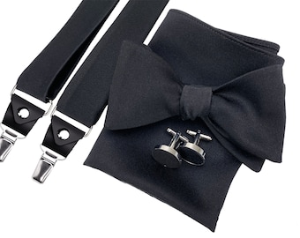 Pajarita de corbata negra, pajarita de esmoquin formal, pajarita de boda negra, pajarita formal de padrino, extremos de cuero de tirantes negros