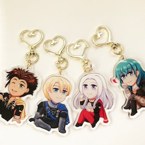 Fire Emblem Three Houses Schlüsselanhänger (Claude, Dimitri, Edelgard, weiblich Byleth) - 2,5 Zoll groß, mit herzförmigem Verschluss