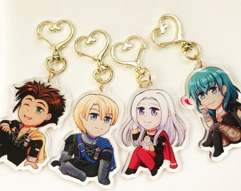 Fire Emblem Three Houses Keychains (Claude, Dimitri, Edelgard, Female Byleth) - 2.5 inches tall, with heart-shaped clasp