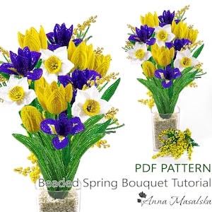 PDF Pattern French Beaded Spring flowers, Tulips, Irises, Daffodils and Mimosa beaded, Spring Bouquet, Easter decor, DIY Beading Project image 1