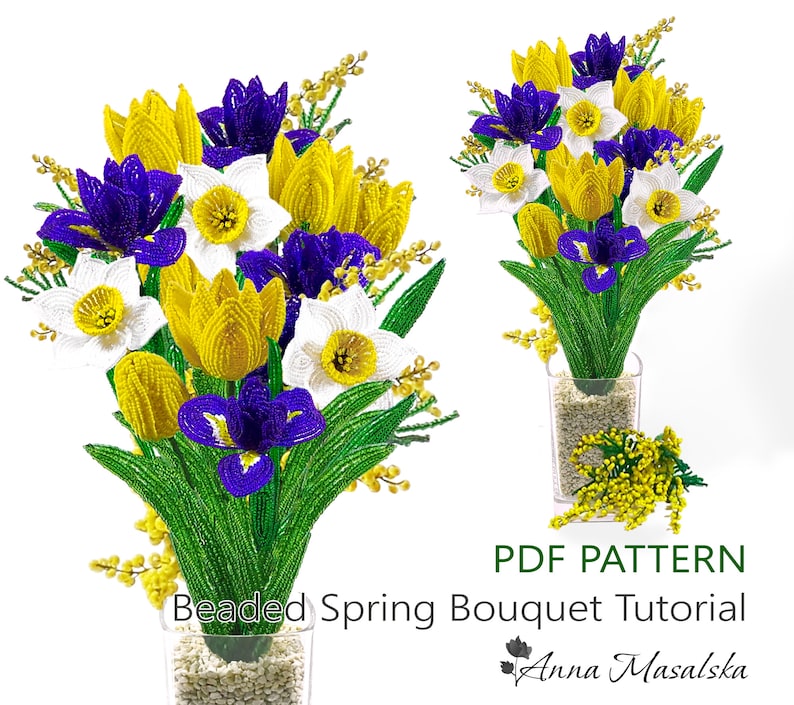 PDF Pattern French Beaded Spring flowers, Tulips, Irises, Daffodils and Mimosa beaded, Spring Bouquet, Easter decor, DIY Beading Project image 1