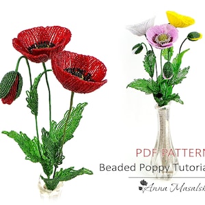 PDF Pattern - French beaded Poppy,  Beaded coloured poppies tutorials, French Beaded flowers, beaded flower tutorial, beaded flower project