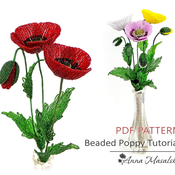 PDF Pattern - French beaded Poppy,  Beaded coloured poppies tutorials, French Beaded flowers, beaded flower tutorial, beaded flower project