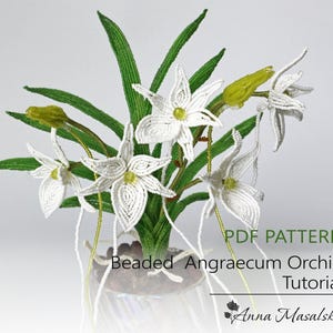 Può includere: Una scultura di orchidea Angraecum realizzata con perline, con petali bianchi dai centri gialli e foglie verdi. Il testo recita PDF PATTERN Beaded Angraecum Orchid Tutorial Anna Masalska. Questo pezzo decorativo è fatto di perline.