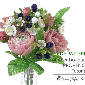 PDF Pattern - French Beaded flowers, Beaded flowers and berry, Summer Bouquet PROVENCE, DIY Beading Project