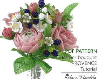 Modello PDF - Fiori con perline francesi, Fiori e bacche con perline, Bouquet estivo PROVENZA, Progetto di perline fai da te