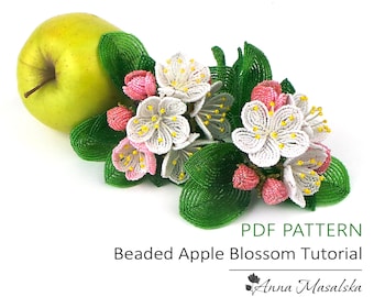 Padrão PDF - flor de maçã com miçangas francesas, flores com miçangas, tutorial de flores, projeto de flores com miçangas, joias de casamento