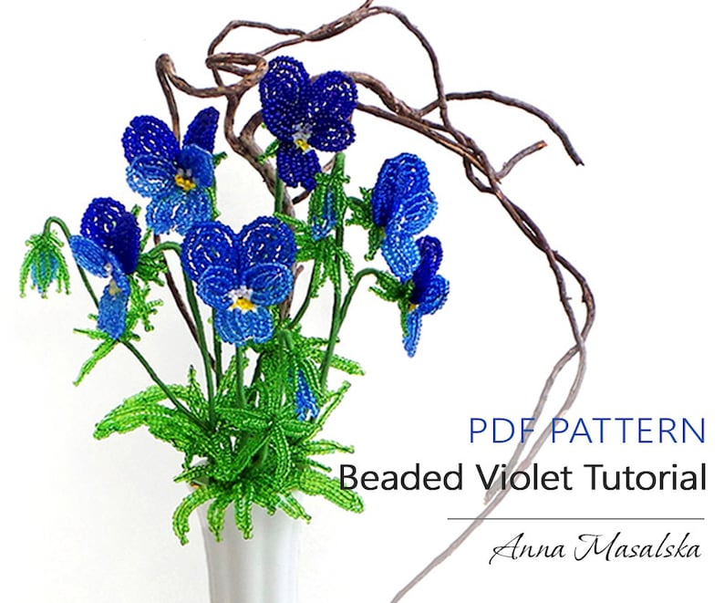 PDF Pattern French Beaded wild violet, Beaded blue flower, beaded flower tutorial, beaded flower project image 1