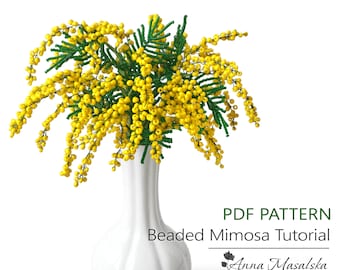 Tutorial em PDF de Mimosa Francesa com Miçangas – Padrão de Flor com Miçangas, Flor de Miçangas de Semente