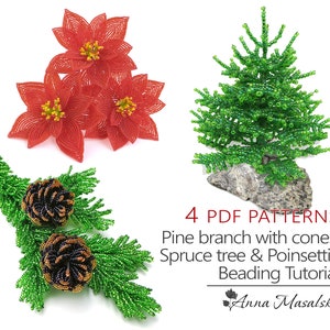 May include: Four PDF patterns for beading a pine branch with cones, a spruce tree, and a poinsettia. The patterns are for a beading tutorial by Anna Masalska.