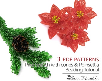 Christmas French beaded flower patterns, Poinsettia and Pine branch with cones from seed Beaded Tutorials, Christmas Decor, Diy Home Decor