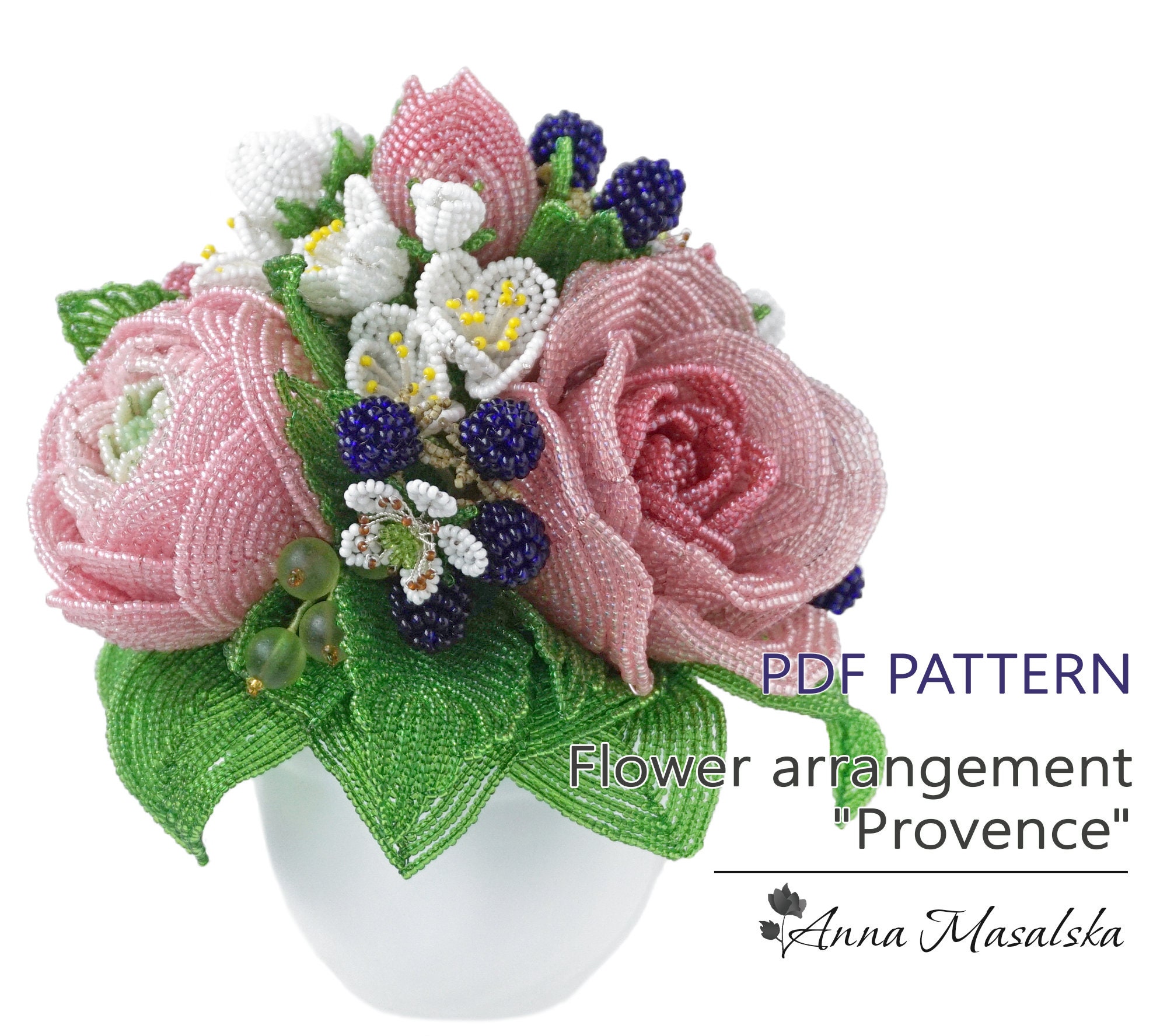 PDF Pattern - French Beaded flower, Arrangement Provence, Beaded flowers and berry, DIY Beading Project
