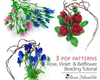 Franse kralen bloempatronen, kleine rozen, violette bloemen, klokjesbloemen, tutorials Seed Bead, kralen bloemenproject
