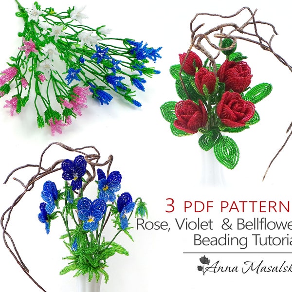French beaded flower patterns, little roses, Violet flowers, Bellflowers, Tutorials Seed Bead, beaded flower project