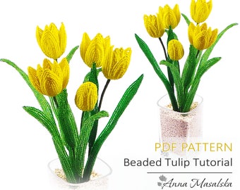 PADRÃO PDF - Tulipa francesa com miçangas, Flores francesas com miçangas, Projeto com miçangas, Flores com miçangas, Tutorial