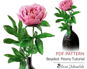 PDF Pattern - French Beaded Peony Flowers, beaded flower tutorial, DIY Beading Project