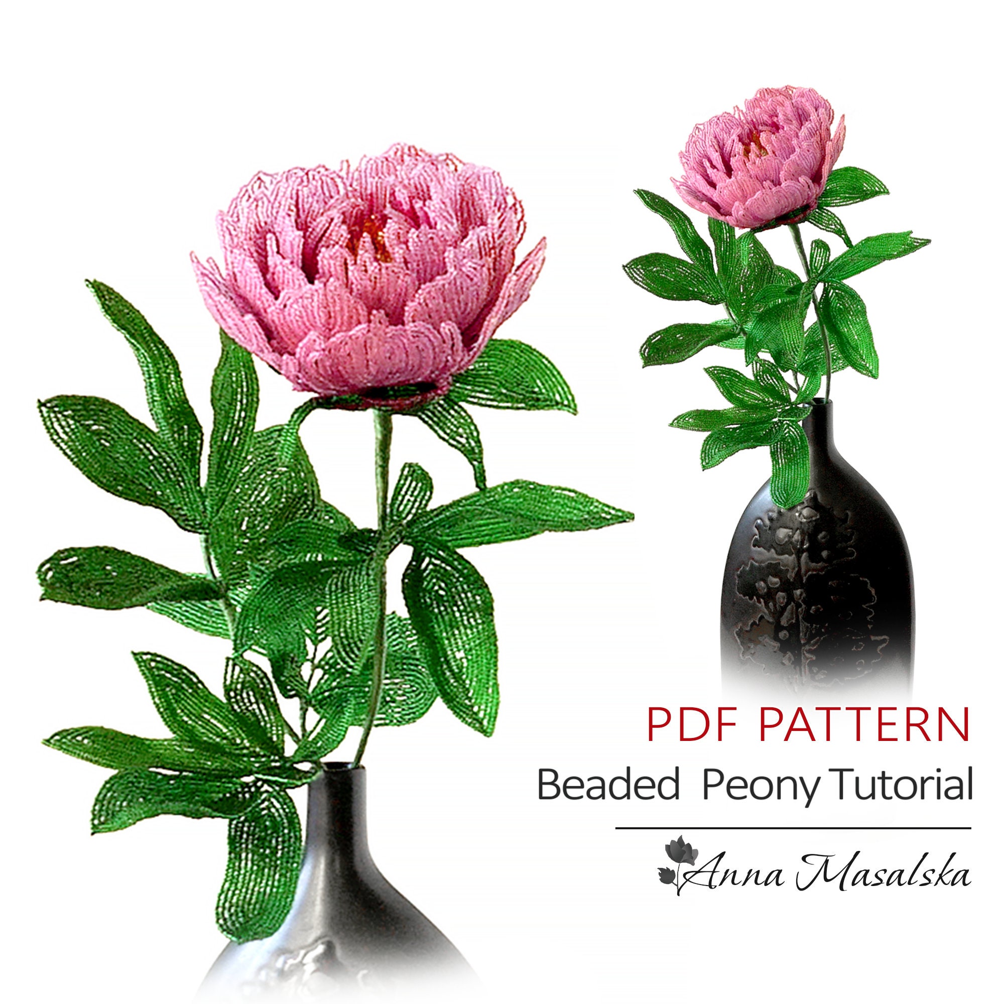 PDFパターン - フレンチビーズの牡丹の花、ビーズフラワーの