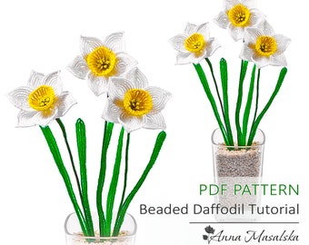 PDF PATTERN - French Beaded Daffodil, French Beaded flowers, DIY beading project, Wire Wrapping, Tutorial
