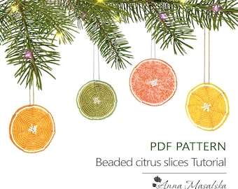 Molde em PDF - Fatias de frutas cítricas com miçangas, Toranja, Laranja, Limão e Lima, Tutorial de tecelagem com miçangas, Decoração de Natal