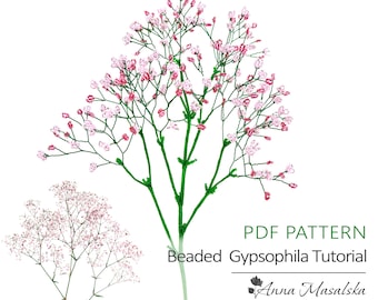 Moldes em PDF - Gipsofila com Miçangas, Flores e Folhas com Miçangas, Projeto DIY de miçangas, Tutorial, Moldes de flores com miçangas