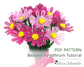 PDF pattern for beginners - Beaded Pyrethrum, beaded flower tutorial, seed bead pattern, DIY beading project