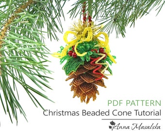 PDF Pattern - Christmas French Beaded Pine Cone, Seed bead weaving tutorial, Christmas Decor