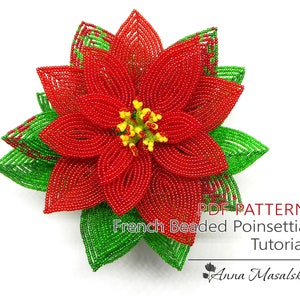 PDF Pattern - French  Beaded red Poinsettia, Seed Bead Flowers, Beading tutorial, Christmas Decor