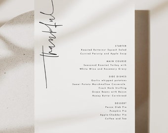 Thankful Thanksgiving Menu Template, Minimalist Friendsgiving Menu, Printable Thanksgiving Menu Cards, Editable Thanksgiving Menu, Templett