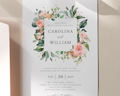 Floral Wedding Invitation Template, Boho Wedding Invites, Greenery Wedding invitations, Peach 17